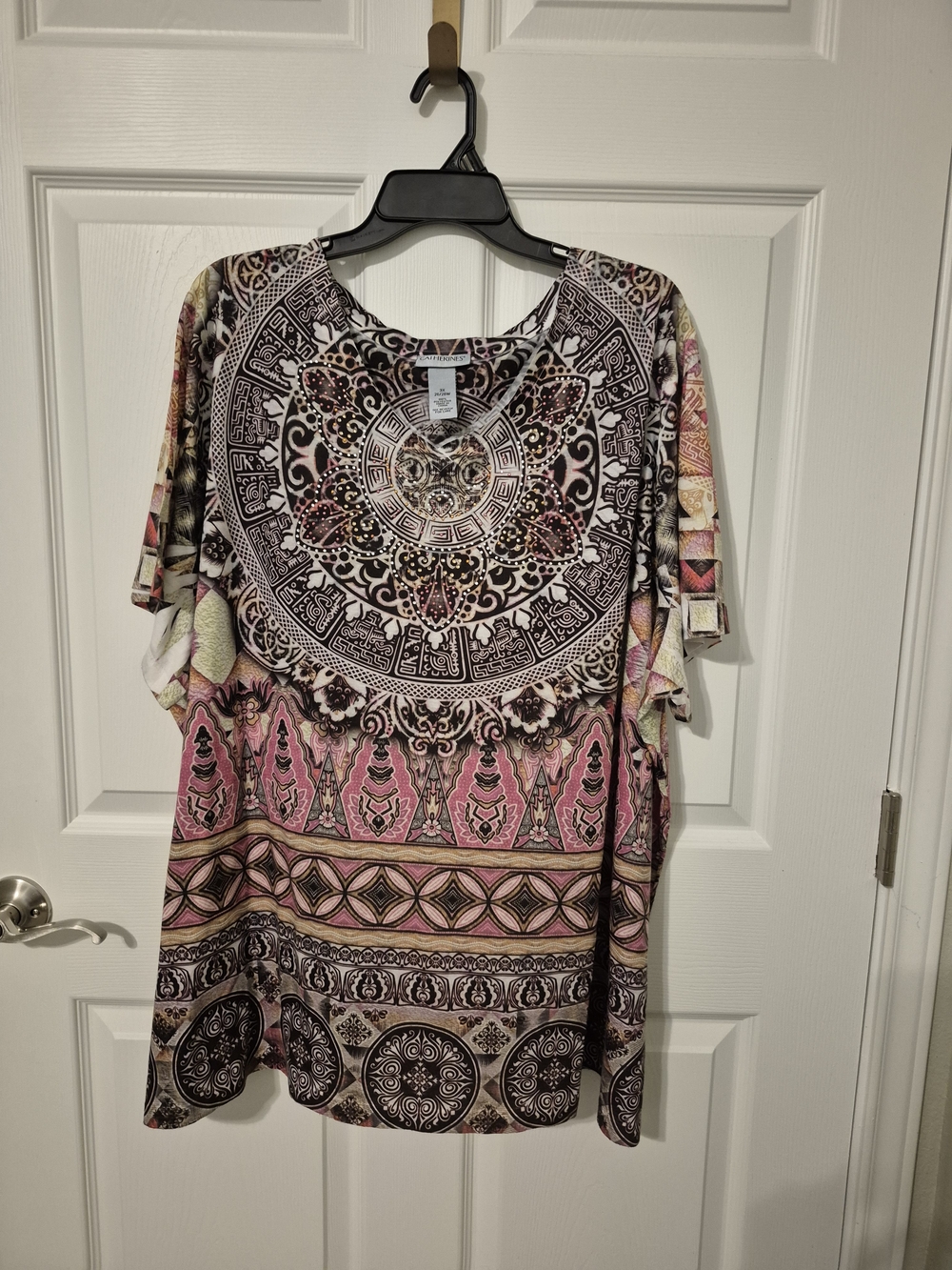 Catherines Pink Multi Medallion Print Short-Sleeve Top